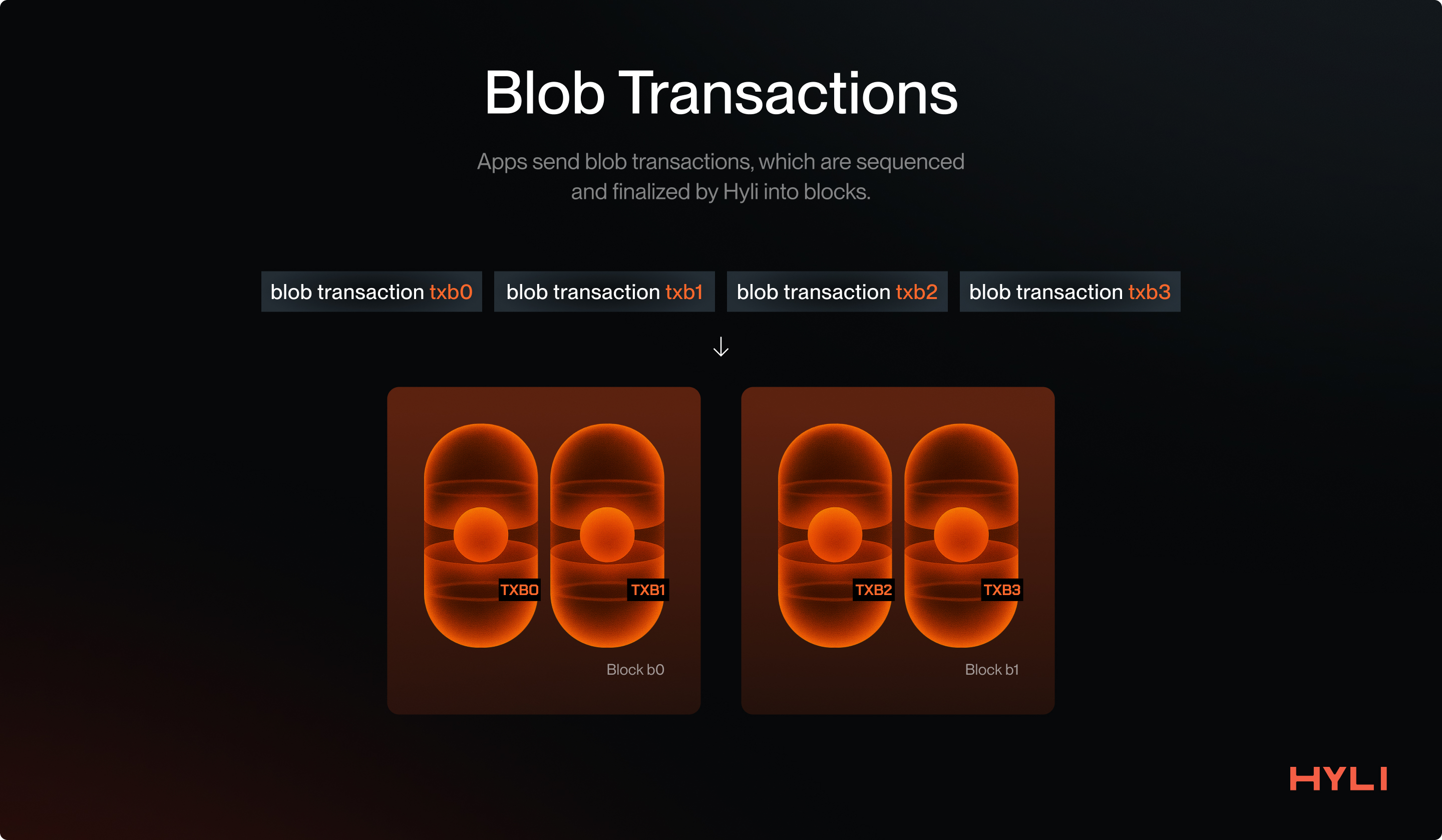 Apps send blob transactions, which are sequenced and finalized by Hyli into blocks.