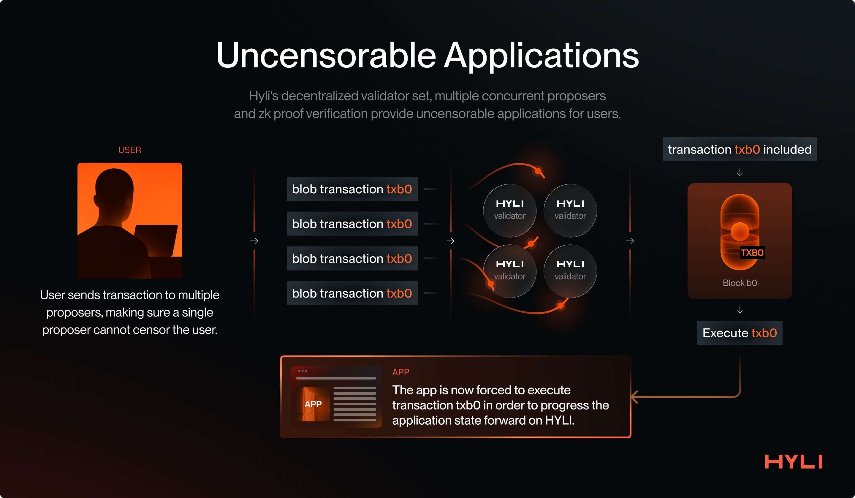 Hyli's decentralized validator set, multiple concurrent proposers and zk proof verification provide uncensorable applications for users.